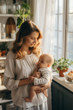 Young woman studying or working online at home while having breakfast with her baby on kitchen. Millennial mother on maternity leave with child. Freelancer busy mom with laptop searching information,