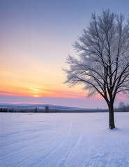 sunset in the snow, winter landscape 
