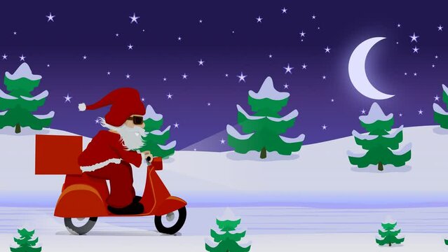 10 seconds animation loop of Santa Claus driving a red motor scooter in a landscape of a snowy fir forest on a frozen road, at night under a starry sky with a crescent moon in a flat design style