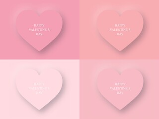 Happy valentine`s day icon set, four 3D pink  heart symbols, icon and different shades of colour and background,. Vector illustration.