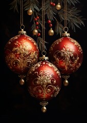 Christmas balls card template with Luxury Golden Ornaments in Rich Red and Gold colors illustration. For banners, posters, advertising. AI generated.