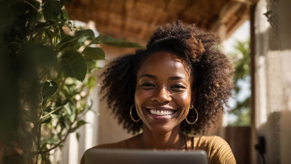 Happy mature afro american woman using a laptop while working remotely from the comfort of her home