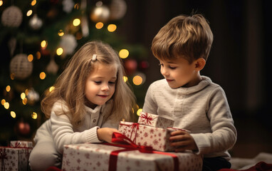 Fototapeta na wymiar A little brother and sister looking at gifts under the tree for Christmas