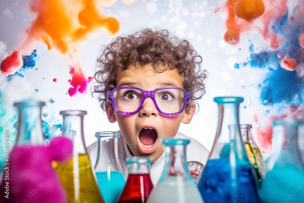 Wall mural surprised child boy observing colorful chemical reaction