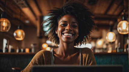 Obraz premium Beautiful young woman working on laptop, girl freelancer or student with computer in cafe at table, looking in camera.,modern life and remote work concept