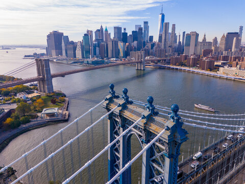Aerial photo bridges of New York with city views and East River