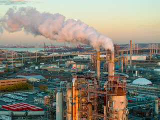 Smoke and flue gas seen at an industrial oil refinery plant