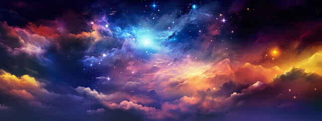 Abstract colorful night sky banner - vibrant colored clouds, some stars glowing. Generative AI