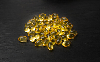 Yellow Capsule Pile, Omega 3 Fish Oil Capsules, Yellow Pills, Vitamin D Pill, Soft Golden Capsule Drugs