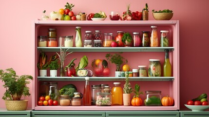 Bright vector illustration. Pink, cute refrigerator with treats inside.