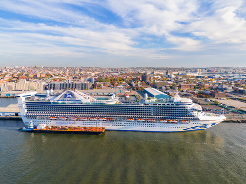 Aerial drone photo of the Caribbean Princess at Red Hook New York