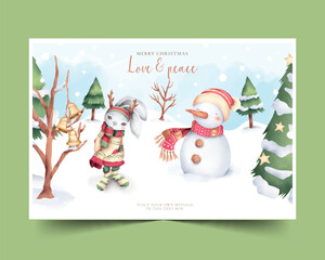 lovely watercolor christmas card with cute characters design vector illustration