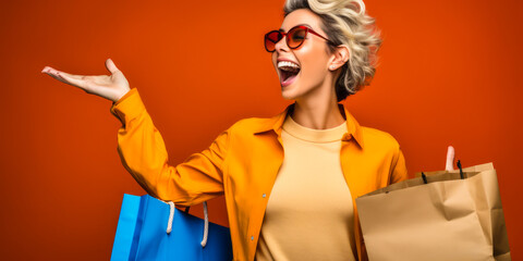 Joyful woman with shopping bags pointing away on orange background