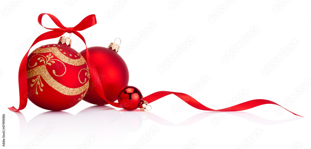 Wall mural christmas red decoration baubles with ribbon bow isolated on white background