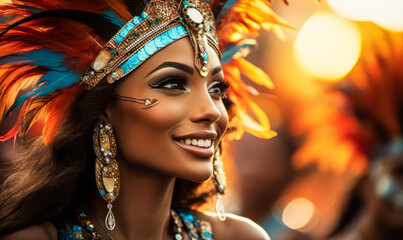 Obraz premium Twilight Rhythms: Rio's Elegant Dancers with Feather Headdresses at Carnival