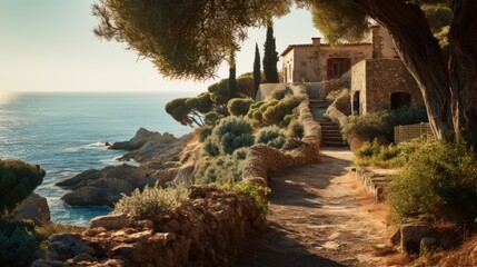 Fototapeta premium A path leading to a house on a cliff overlooking the ocean