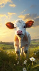 Fototapeta premium A cow standing on top of a lush green field