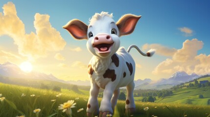A cow is standing in a field of flowers