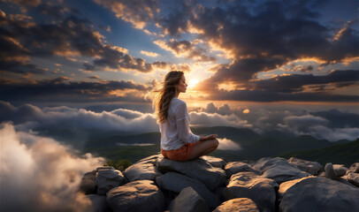 A young woman, immersed in meditation, sits gracefully on a massive rock at the mountain, harmonizing with nature to enhance her focus and elevate her spiritual consciousness. Generated Ai
