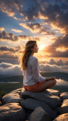 Fototapeta na wymiar A young woman, immersed in meditation, sits gracefully on a massive rock at the mountain, harmonizing with nature to enhance her focus and elevate her spiritual consciousness. Generated Ai