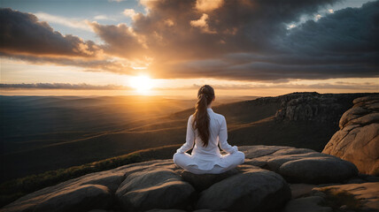 A young woman, immersed in meditation, sits gracefully on a massive rock at the mountain, harmonizing with nature to enhance her focus and elevate her spiritual consciousness.