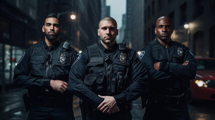 Three multiracial police officers looking like super heroes - obrazy, fototapety, plakaty