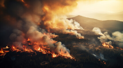 Fototapeta na wymiar Massive wild forest fire in mountains, aerial view