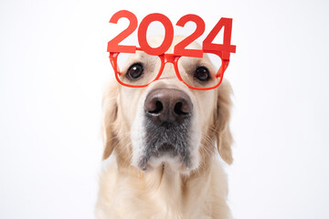 Dog wearing glasses 2024 for new year. Golden retriever for Christmas sitting on white background with red glasses. Postcard with space for text for new year with pet. - obrazy, fototapety, plakaty