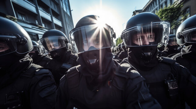 Police In Helmets And Protective Uniform In The Street