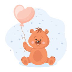 Cute cartoon teddy bear with heart shaped balloon. Baby illustration, greeting card, vector
