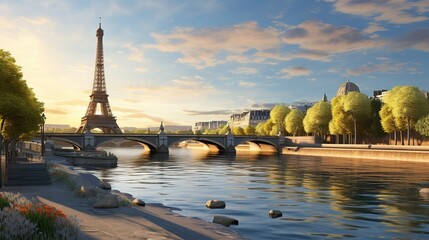 Obraz premium Beautiful sunset over Eiffel Tower and Seine river with people silhouette