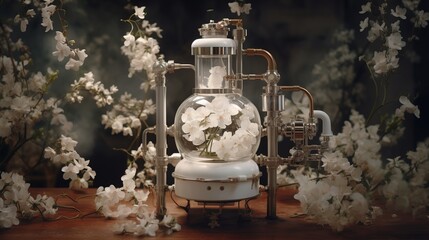 Generative AI, Essential oil extraction with distillery machine with jasmine white flowers	
