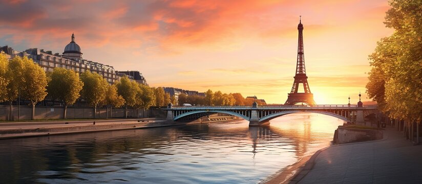 Beautiful sunset over Eiffel Tower and Seine river with people silhouette