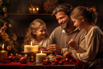 Obraz na płótnie Canvas christmas scene of a family enjoying wrapping and giving presents gifts cosy traditional festive holiday season in a warm cozy xmas setting surrounded by decorations loving environment