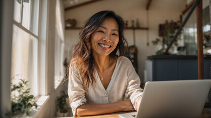 Beautiful mature asian , spontaneous and elegant woman working on a laptop, freelance business woman or student with a computer in a comfortable space, concept of nomadic life, freedom and remote work
