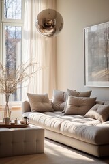 sofa in beautiful living room, beige, taupe, interior magazine photography