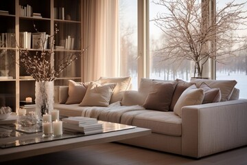 sofa in beautiful living room, beige, taupe, interior magazine photography