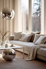 sofa in beautiful living room, beige, taupe, interior magazine photography