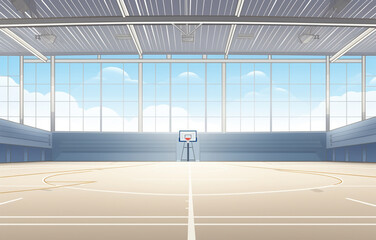 realistic basketball court inside of a fieldhouse with windows at the court level with gray tones with wheat field in background