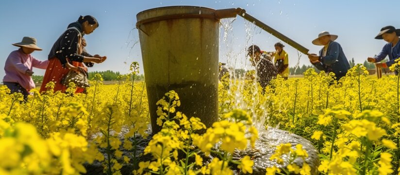 Canola field. Yellow rapeseed sprigs. Rape plants with colza or mustard buds. Vector isolated illustration of yellow flowers.