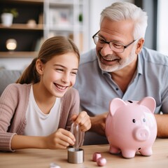 Daughter with father putting coin in piggy a bank at home