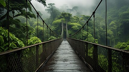 Perspective view of empty suspension bridge with green trees growing in misty and rainy forest in costa rica - obrazy, fototapety, plakaty