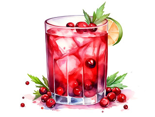 Watercolor illustration of a red cranberry cocktail in a glass isolated on white background   - obrazy, fototapety, plakaty