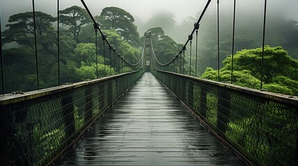 Obraz premium Perspective view of empty suspension bridge with green trees growing in misty and rainy forest in costa rica