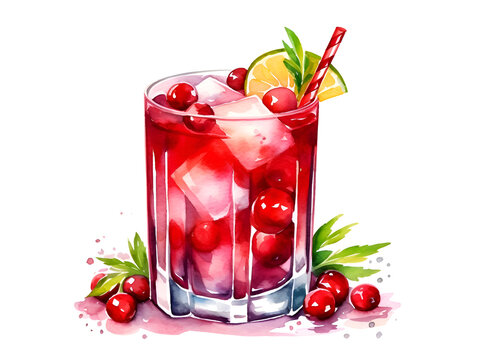 Watercolor illustration of a red cranberry cocktail in a glass isolated on white background  