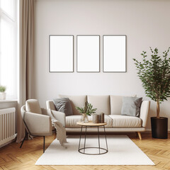 3 Frame Mockup,living room interior design, stylish and elegant, smart object, for wall art, 3d render