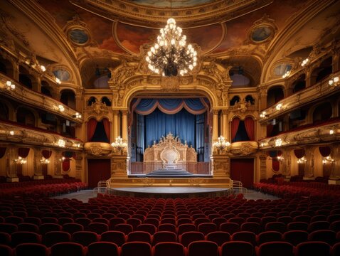 A grand and historic opera house with ornate balconies and chandeliers.