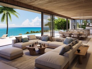 Fototapeta premium A modern beachfront villa with floor-to-ceiling windows, offering panoramic views of the ocean.