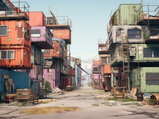 A post-apocalyptic urban landscape with repurposed shipping containers as dwellings