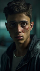 Obraz premium Portrait of a very handsome young Palestinian boy with a sad face looking at the camera. Young Palestinian man with a sad look in a hospital environment.